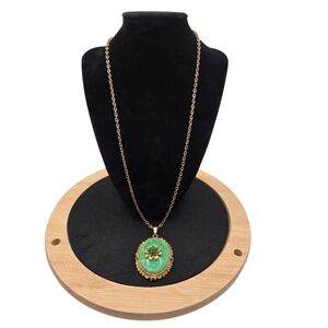 Vintage Green Pendant Necklace Gold Tone Oval Chain Floral Raised Motif 12"